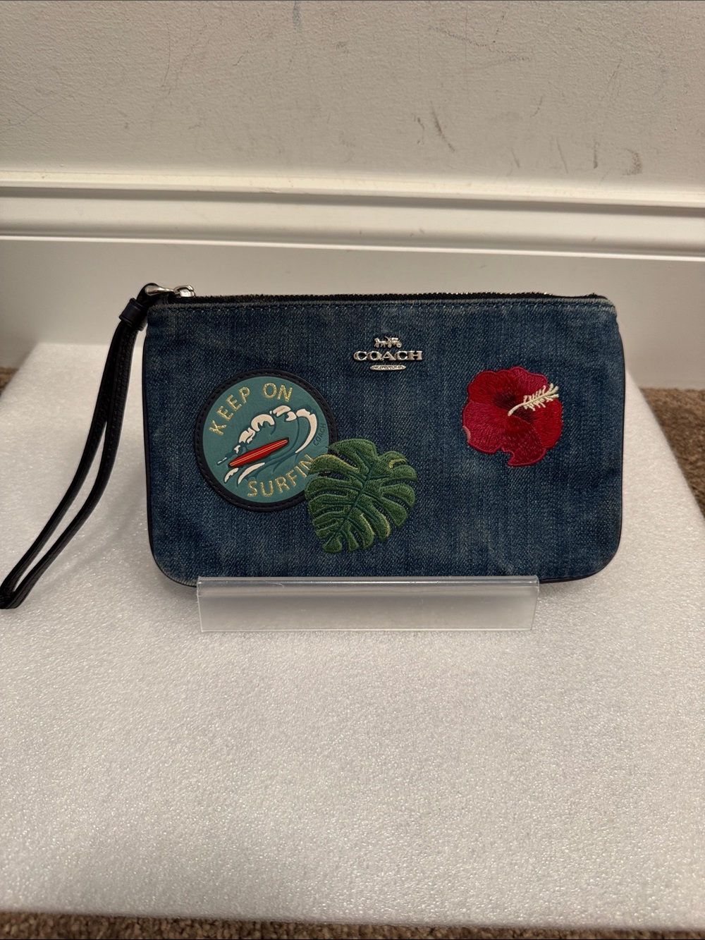 Coach Denim Wristlet with Surf Patch & Red Hibiscus leaf Hawaii exclusive - Picture 1 of 7
